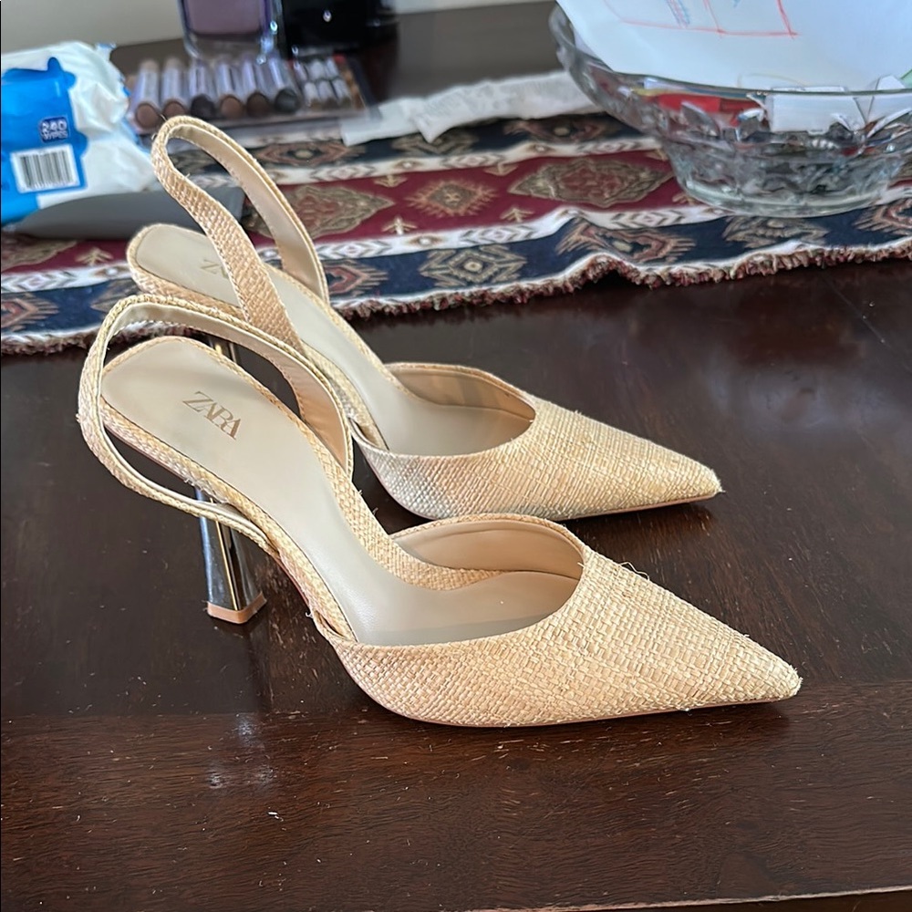 Zara Cream Slingback Heels with Pointed Toe